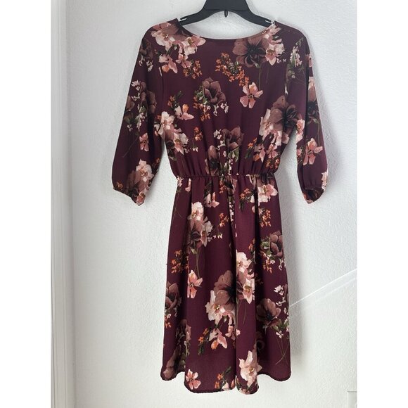 Scobe Womens Faux Wrap Dress L Wine Floral Balloon Sleeve Fairygoth Whimsygoth - Picture 11 of 11